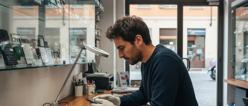 Interno di un negozio di riparazione smartphone a Milano con tecnico che esamina un dispositivo sul bancone