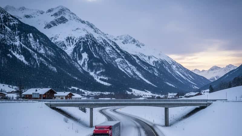 Long-haul freight truck navigating a snow-covered Trans-Canada Highway in the Canadian prairies near Winnipeg in winter conditions