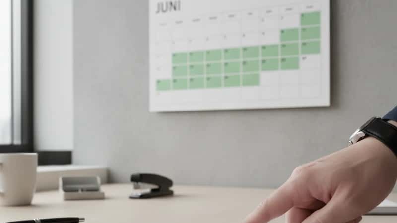 Norsk HR-leder i Trondheim peker på ferietillegg-prosentsats på lonnsslippen med kalender som viser sommerferie