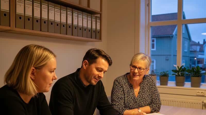 To norske renholdere og fagforeningsrepresentant i Stavanger diskuterer ferieplanlegging over dokumenter