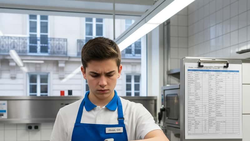 Young Ohio food service employee in fast food apron checking time during mandatory break in Akron kitchen, staff schedule visible on clipboard