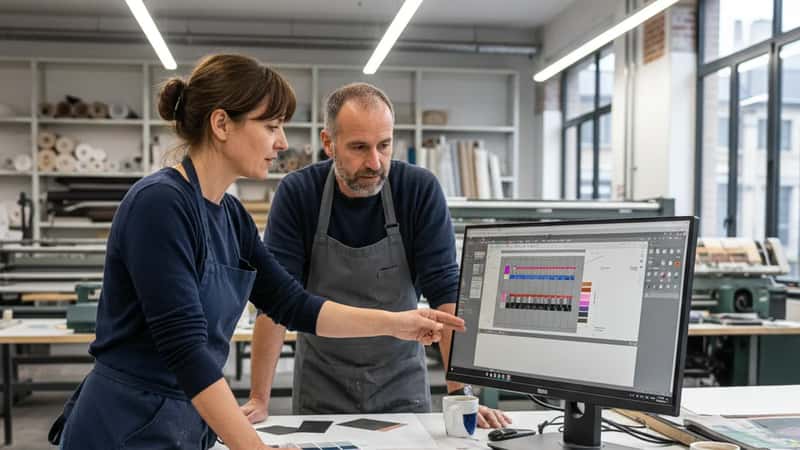 Deux salariés de l'industrie graphique discutant devant un écran de conception en atelier numérique