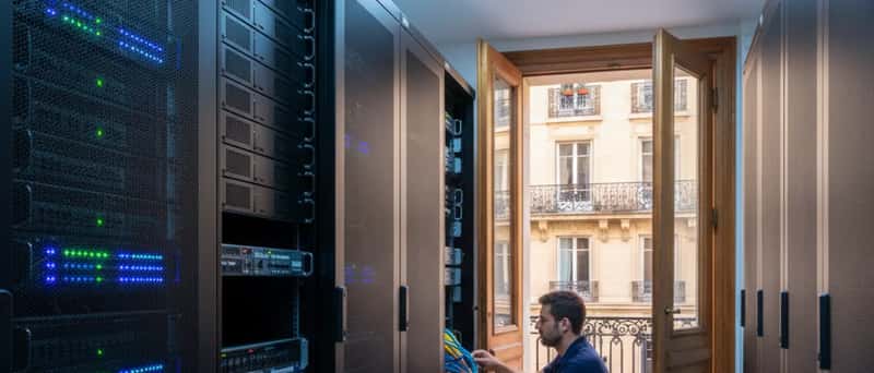 Technician checking network cables in a server room with blue LED indicators