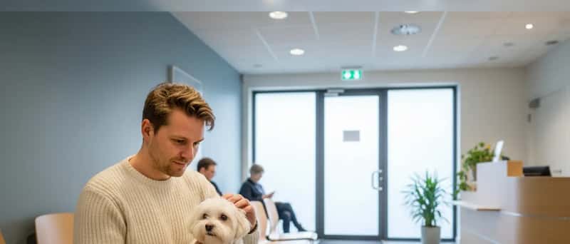 Dyreeier venter med hunden sin på venterommet hos en norsk veterinærklinikk
