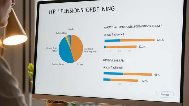 Pensionspanel på Collectum-skärm med ITP 1-fondallokering och jämförelse Alecta vs. aktiefond