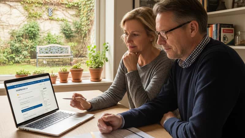 Svenskt par i 50-årsåldern granskar pensionsprognos på minPension.se vid köksbordet i Uppsala – morgonljus