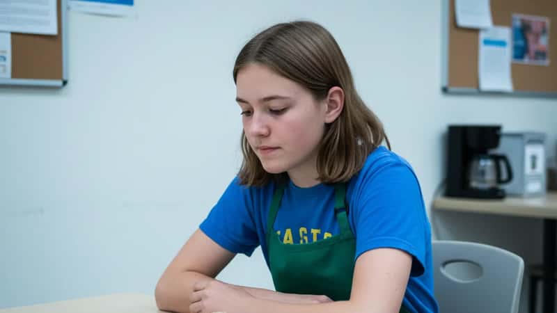 North Dakota high school student in a grocery store apron taking a legally required minor worker break in a Fargo break room, fluorescent lighting