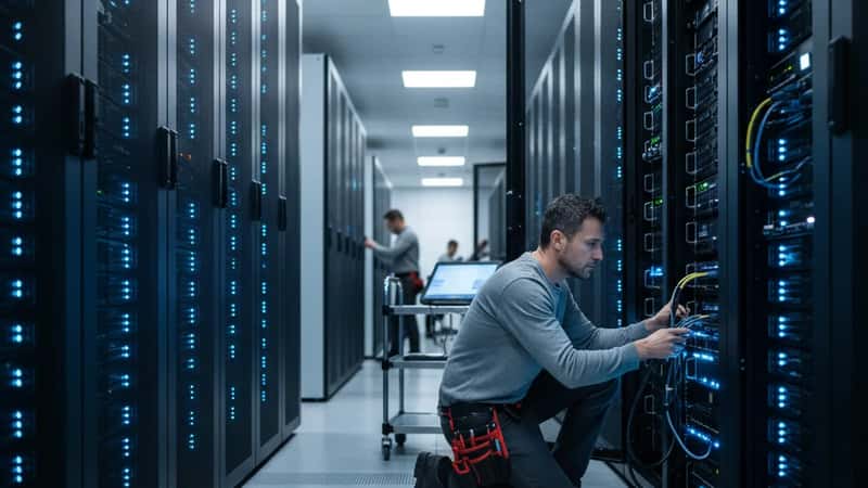 IT technician walking between server racks in a Chicago data center corridor, blue LED indicators, professional infrastructure scale