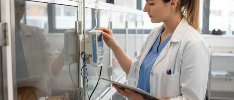 Veterinary nurse monitoring a cat on an IV drip in the recovery ward of a modern animal hospital