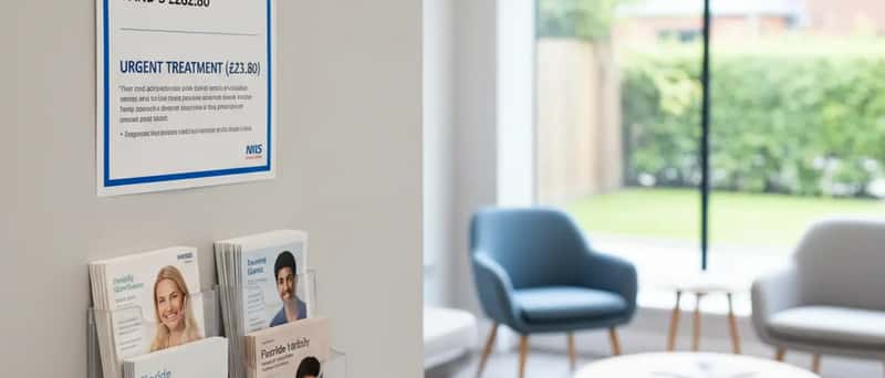 NHS dental charges poster displayed in a British dental clinic waiting room