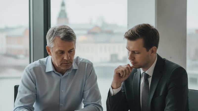 Suomalainen mies konsultoi varainhoitajaa kiinteistöpäätöksestä toimistossa Turussa, molemmilla asiakirjoja edessään