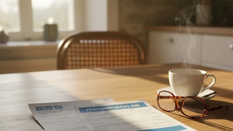 Pensionsöversikt från Fora och MinPension.se på köksbord i Sverige med kaffe och läsglasögon
