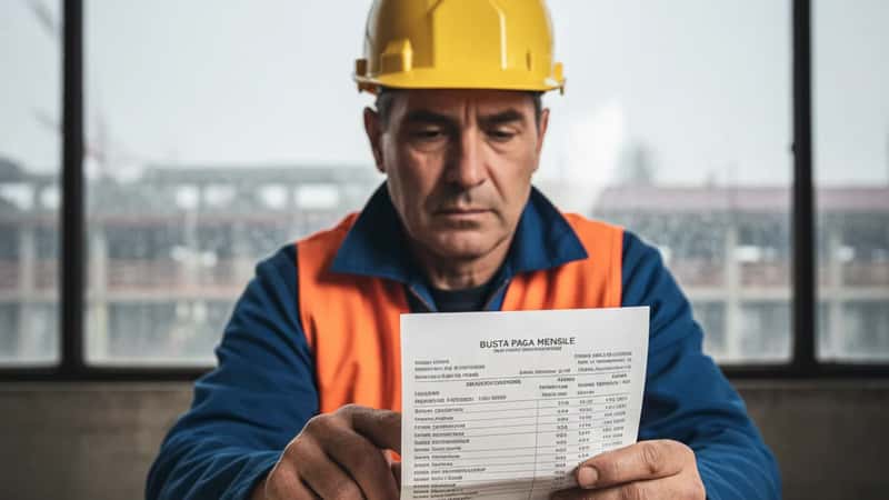 Operaio edile italiano controlla la propria busta paga CCNL Edilizia al cantiere di Bologna