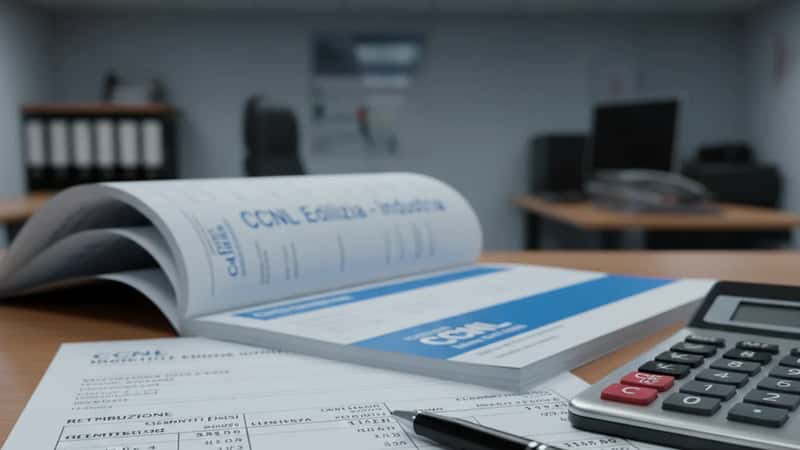 Busta paga e tabelle CCNL Edilizia-Industria 2025 su scrivania in ufficio a Torino