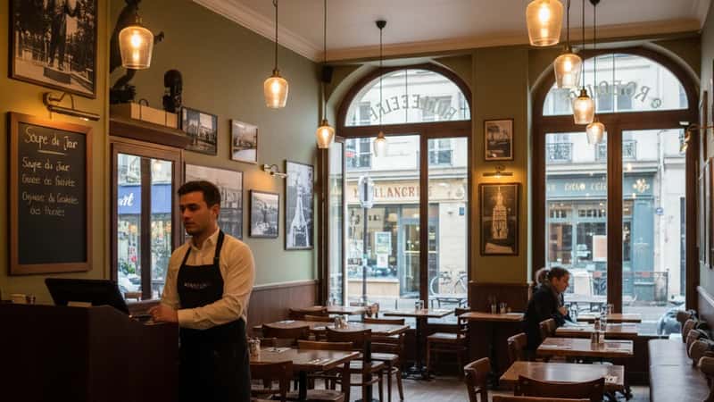 Philadelphia restaurant floor during slow February weeknight with nearly empty tables and server looking at sparse dining room