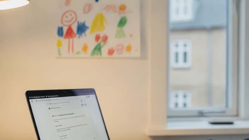 Forælder ansøger om underholdsbidrag på borger.dk fra hjemmekontor i Aarhus med barnetegning i baggrunden