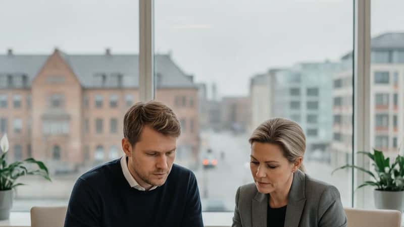 Skandinavisk mand i 30'erne drøfter underholdsbidrag med familieretsjurist i moderne kontor i København