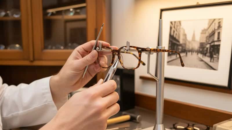 Mains d'un opticien ajustant des lunettes sur un établi professionnel dans un atelier de lunetterie en France