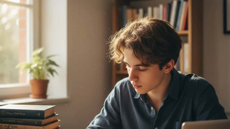 Österreichischer Schüler schreibt philosophische Notizen an einem Schreibtisch mit Büchern und Laptop
