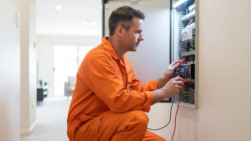 Licensed Australian electrician in orange work uniform inspecting an open residential switchboard panel with a multimeter in a suburban Brisbane home