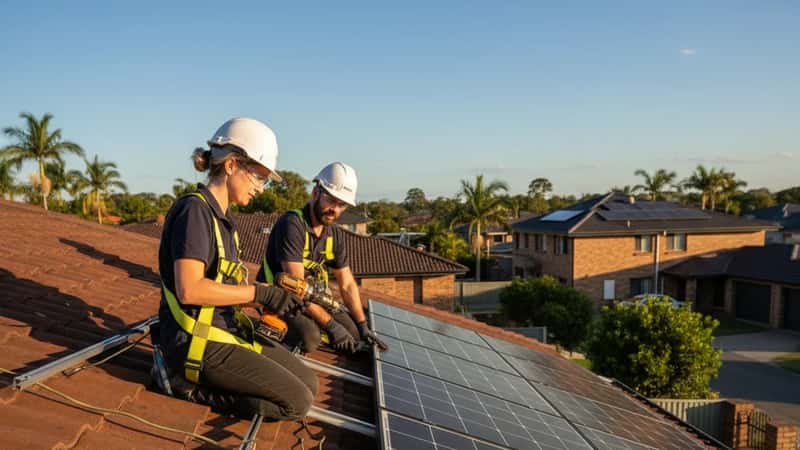 Two technicians in safety harnesses installing rooftop solar panels on a suburban Queensland brick home in warm afternoon sunlight, with the surrounding neighbourhood visible below