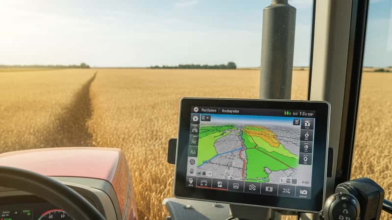 GPS-täsmäviljelylaite traktorin hytissä suomalaisella kaurapellolla Jokioisilla, digitaalinen lohkokartta näytöllä