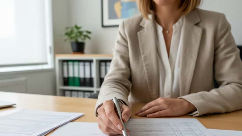 Professionnelle RH pointant une grille de classification salariale dans un bureau de la métallurgie à Toulouse