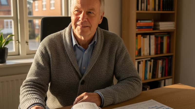 62-årig dansk mand planlægger pensionsvalg ved hjemmekontor med pensionsoversigt og kalender under eftermiddagslys i Odense