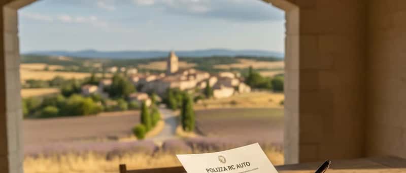 Polizza RC Auto e chiavi dell'auto su un tavolo in legno, mani che tengono il documento con una penna