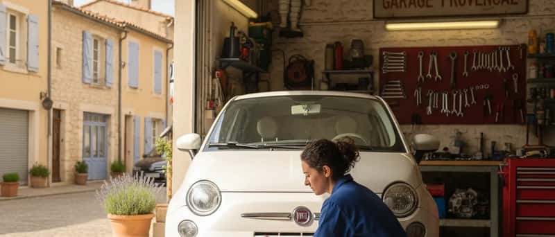 Meccanico che esamina il danno al paraurti di una Fiat 500 bianca in un'officina indipendente