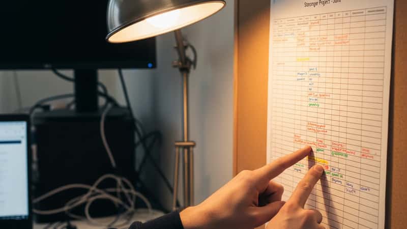 Norsk ingeniør peker på arbeidsplan og markerer overtidstimer på kontoret i Stavanger