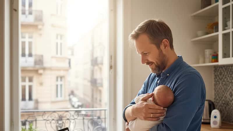 Svensk pappa med nyfödd på kök i Malmö granskar föräldraledighetshandlingar på laptop – morgonljus