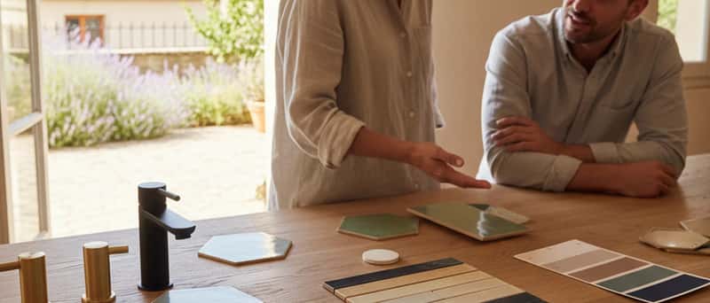 Échantillons de matériaux de rénovation de salle de bain disposés sur une table en bois dans un intérieur français