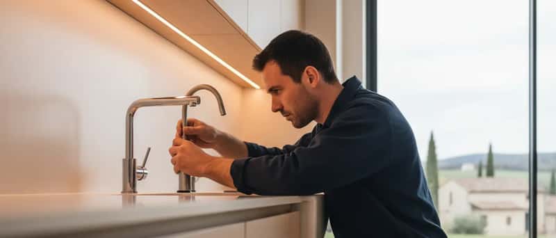 Plombier ajustant un robinet chromé sous un évier de cuisine suisse