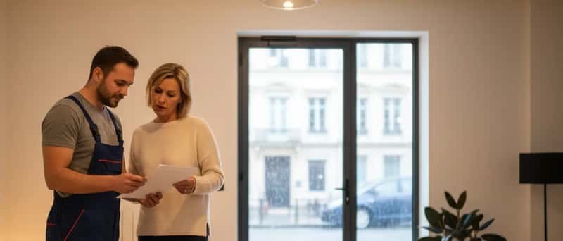 Plombier et propriétaire discutant un devis dans un appartement à Lausanne