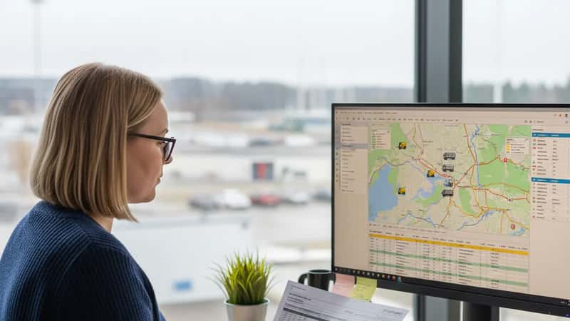 Oulun logistiikkakeskuksen lähetysosastolla suomalainen työnvuorosuunnittelija seuraa kuljettajien ajoaikabudjettia digitaaliselta näytöltä — EU-asetus ja TES toimivat rinnakkaisina järjestelminä