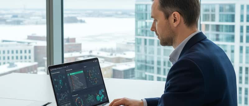 Tietoturva-asiantuntija analysoi palomuuriasetuksia kannettavalla tietokoneella suomalaisessa yritysympäristössä