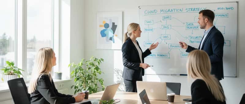 Suomalainen pienyritysten tiimi keskustelee pilvimigraatiostrategiasta neuvottelupöydän ääressä