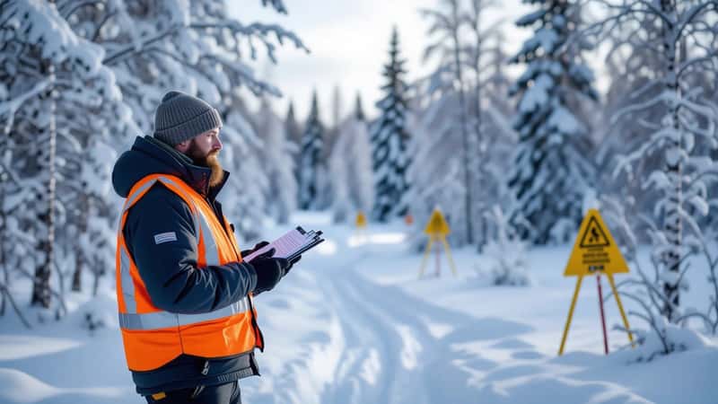 Suomalainen mies tarkastelee kaivoshankkeen rajapaaluja ja keltaista varoitusnauhaa koivumetsässä Oulussa
