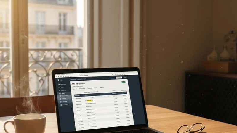 Bärbar dator med svensk pensionsportal öppen bredvid kollektivavtalsbroschyr och kaffekopp på ett hushållsbord