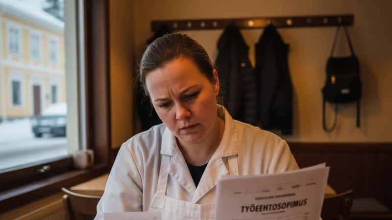 Jyväskyläläinen ravintolatyöntekijä vertaa palkkalaskelmaansa tyoehtosopimuksen tekstiin taukohuoneessa — ylityökorvaukset tarkistuksessa
