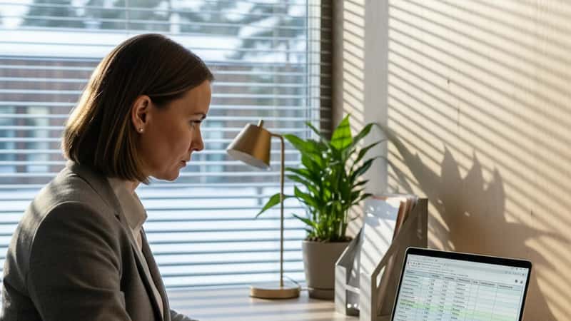 Espoolainen hotellin HR-päällikkö tarkistaa ylityökirjanpitoa kannettavalta tietokoneelta — tuntikirjanpidon lakisääteinen audit