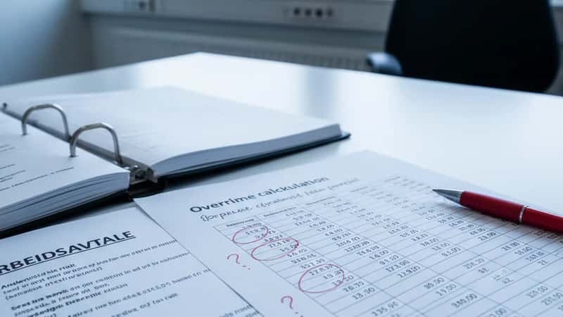 Oversiktsberegning av overtidstimer og tillegg under HTA KS-Unio med rødt penn markert på utskrift i Trondheim