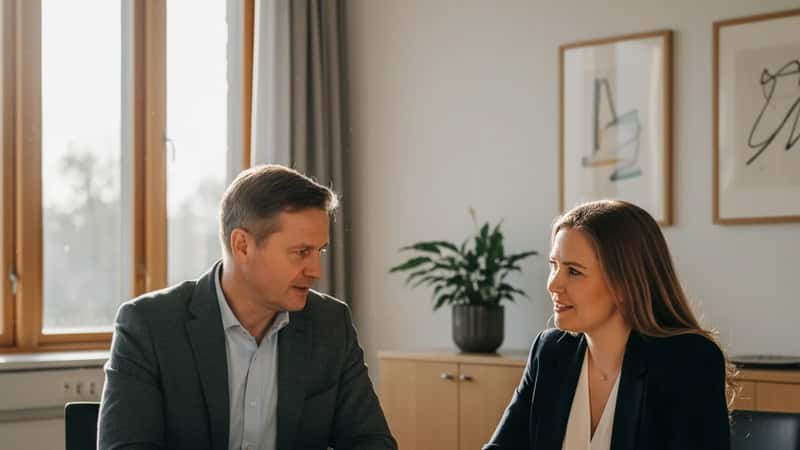 HR-leder og tillitsvalgt gjennomgår tariffavtale i et kontormøte i Kristiansand