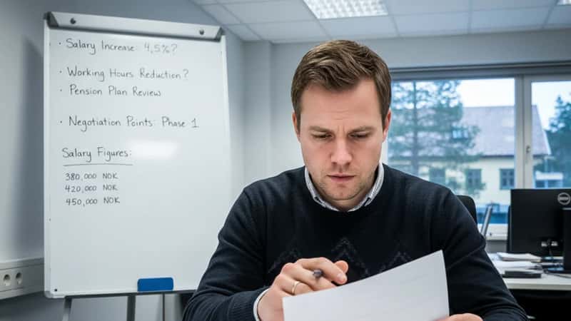 Fagforeningsrepresentant gjennomgår arbeidskontrakter på et tillitsvalgtkontor i Lillehammer