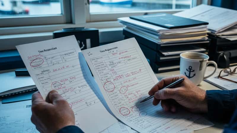 Sjømann i Trondheim sammenligner skiftplan mot arbeidstidsliste for å sjekke overtidsberegning