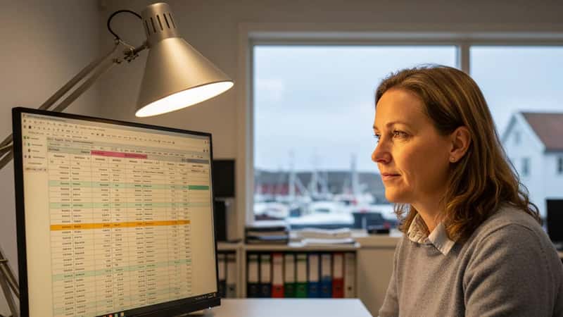 Maritim HR-leder i Kristiansund kontrollerer overtidsposter i lønnsregnskap på kontorskjerm