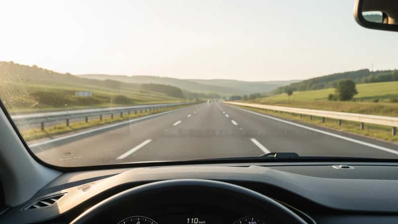 Tableau de bord affichant 110 km/h sur régulateur de vitesse, paysage auvergnat visible depuis Clermont-Ferrand