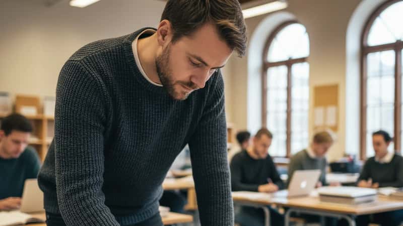 Lärare granskar löneöversynsdokument i ett skolpersonalrum i Malmö, kollegor syns i bakgrunden