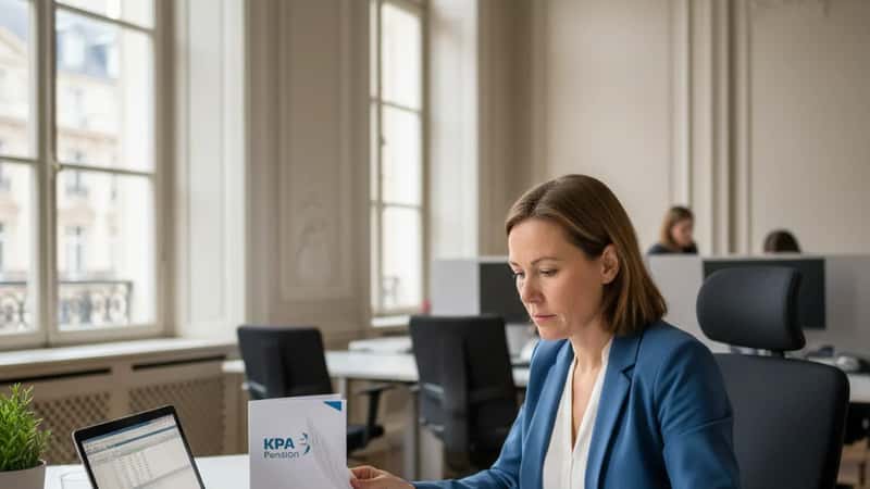 HR-chef vid kommunalt kontor i Uppsala granskar pensionsbesked och pensionsprognos på laptop